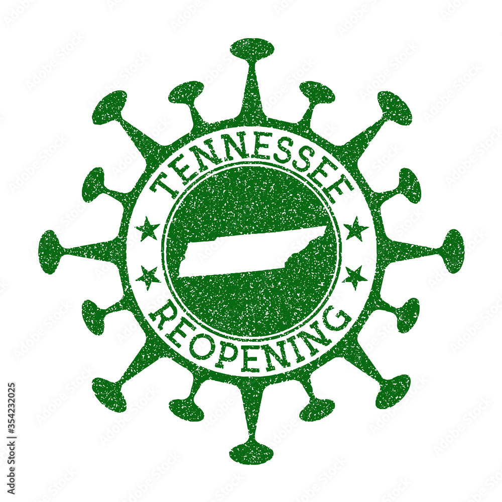 Tennessee Reopening Stamp. Green round badge of us state with map of Tennessee. Us state opening after lockdown. Vector illustration.
