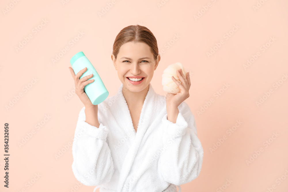 Beautiful young woman with shower gel on color background Beautiful young woman with shower gel on color background