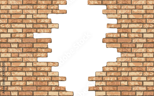 Vintage realistic broken brick wall background. White hole in flat wall texture. Yellow textured brickwork for web, design, decor, background. Vector illustration