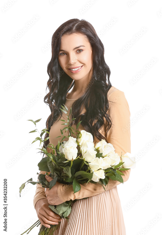 Beautiful young woman with bouquet of roses on white background Beautiful young woman with bouquet of roses on white background