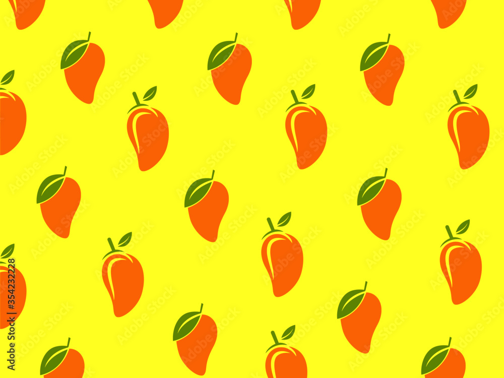 Mango fruits Vector Repeat seamless shape pattern on yellow tropical color backgorund. Great for fabric, packaging, wallpaper, invitations. Summer colorful tropical textile print. Mango fruits Vector Repeat seamless shape pattern on yellow tropical color backgorund. Great for fabric, packaging, wallpaper, invitations. Summer colorful tropical textile print.