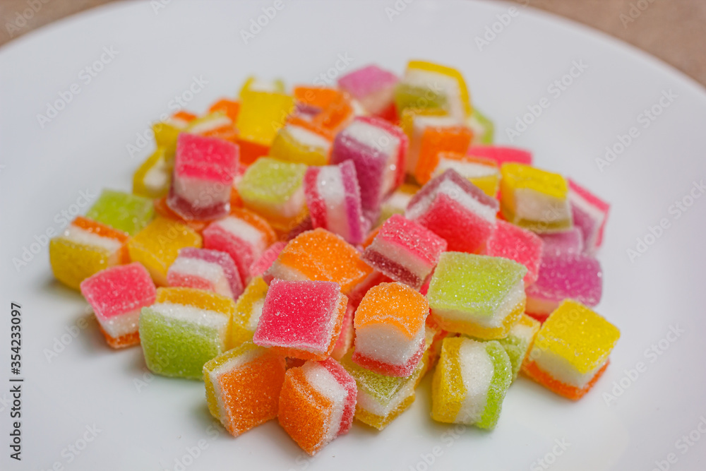 A pile of fruity gummy jelly sweets. A pile of fruity gummy jelly sweets.