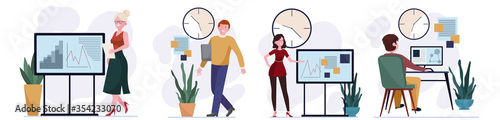 Time management set. Managers presenting reports, analyzing graphs near clock flat illustration. Office schedule, deadline concept for banner, website design or landing web page © Bro Vector