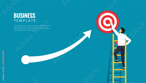 Business template design concept. Businessman character standing up on ladder with target symbol. Increase arrow aim to the dartboard vector illustration
