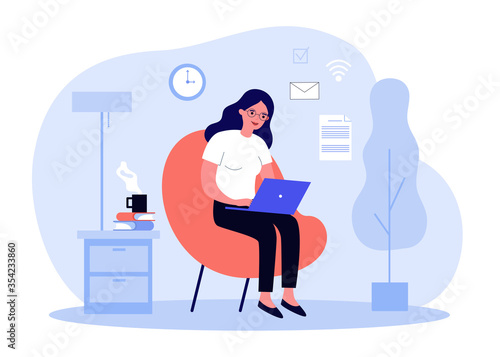 Woman with laptop working at home. Female freelancer sitting in armchair and using computer. Flat vector illustration for home office, cozy interior, communication concept