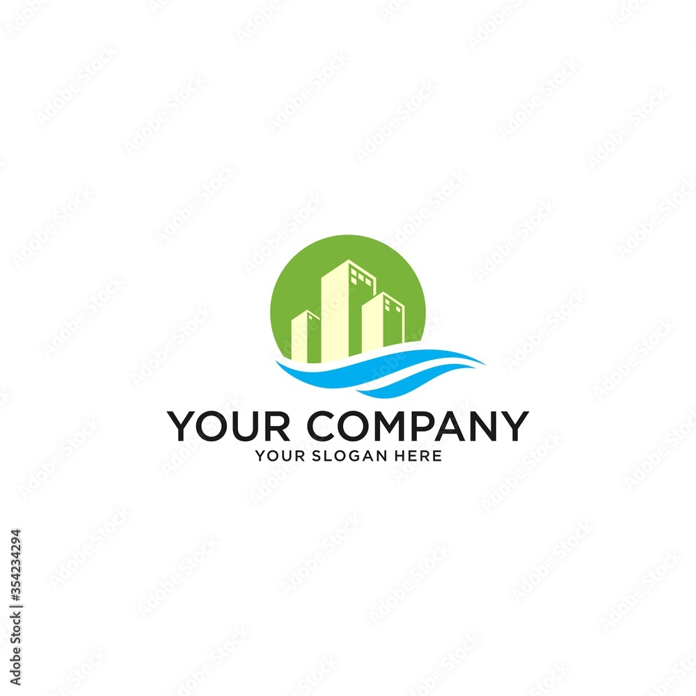 City River with Moon / Sun Background Buildings Logo Design Vector City River with Moon / Sun Background Buildings Logo Design Vector