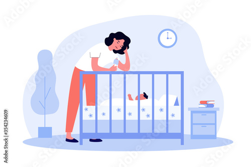 Depressed tired mom giving bottle to baby. Sad sleepy new mother leaning on crib to feed newborn child. Flat vector illustration for postnatal anxiety, postpartum depression, maternity blues concept