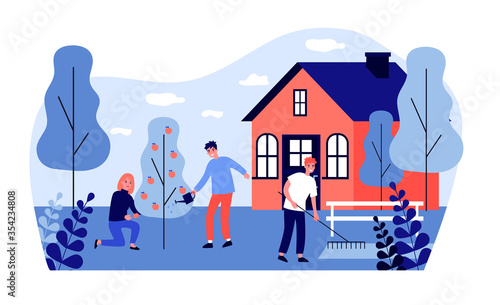Happy people doing garden works. Watering apple tree, using rakes, country house flat vector illustration. Outdoor activity, gardening concept for banner, website design or landing web page