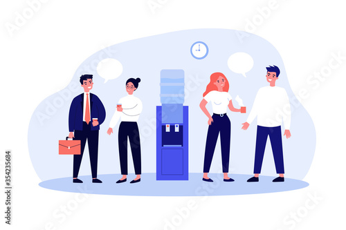 Office colleagues meeting at water dispenser, drinking coffee, discussing gossips . Flat vector illustration for work break, corporate talks and chatting, communication concept © Bro Vector