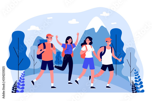 Happy tourists practicing mountain trekking. Hiking, backpacks, walking outdoors flat vector illustration. Adventure travel, outdoor tourism concept for banner, website design or landing web page