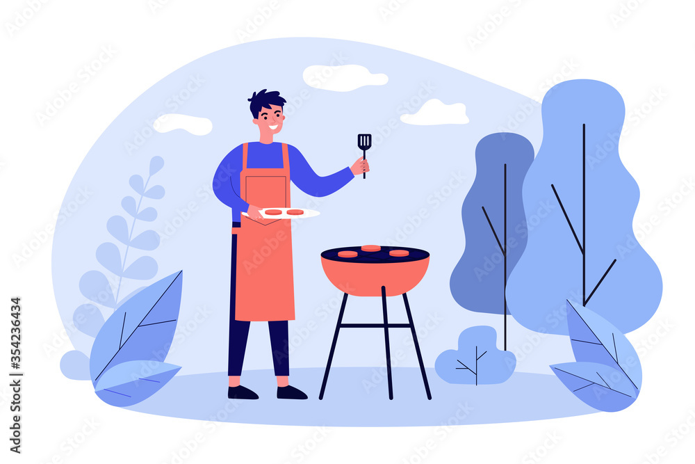 Happy man cooking barbecue meat outdoors. Cheerful guy grilling steaks outside. Flat vector illustration for bbq party, shashlik, summer activity concept