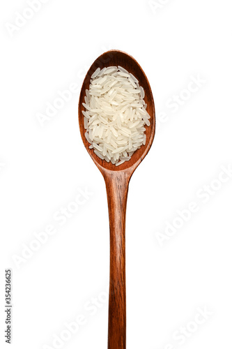 Wooden spoon and white rice on an isolated background