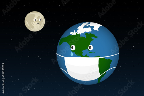 Planet Earth in medical mask and Moon. Cartoon style. Vector illustration.