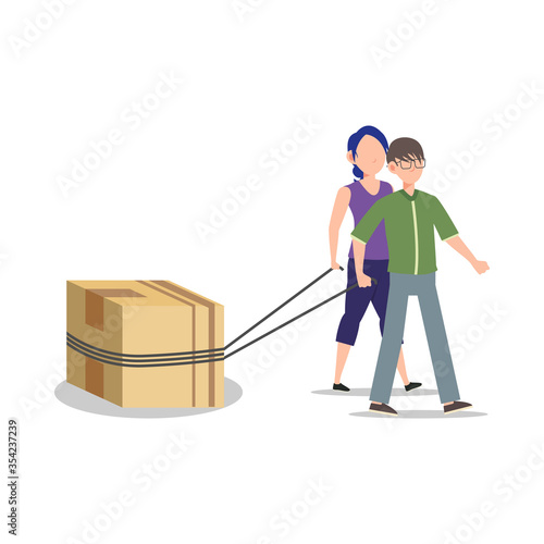 Cartoon character illustration of young couple pulling the big box with rope. Flat design isolated on white background.