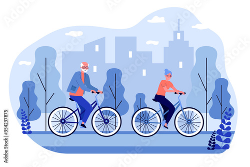 Happy senior couple riding bikes. Cycling in city park, retirement activity flat vector illustration. Old age, active lifestyle concept for banner, website design or landing web page