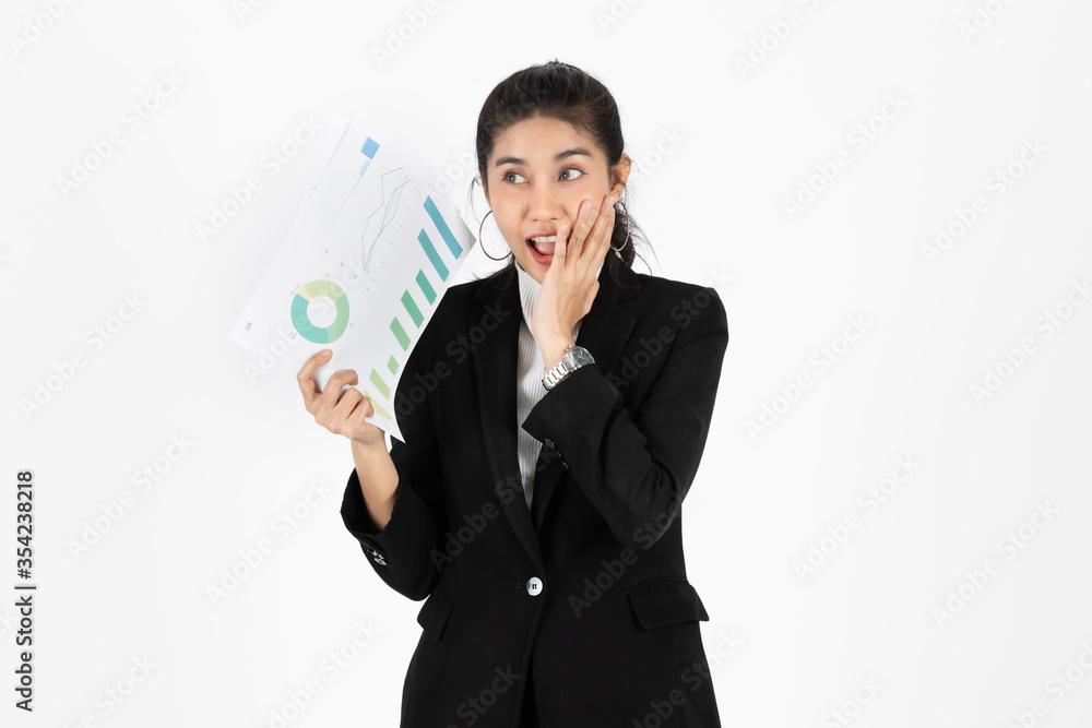 Success smiling young Asian business woman in suit with paperwork in hands over white isolated background. Successful business concept. Success smiling young Asian business woman in suit with paperwork in hands over white isolated background. Successful business concept.
