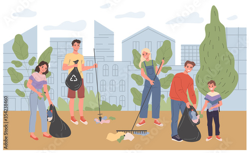 Eco volunteers outdoors. People with rakes and bags collecting plastic garbage flat illustration. Recycling, waste sorting, ecology concept for banner, website design or landing web page