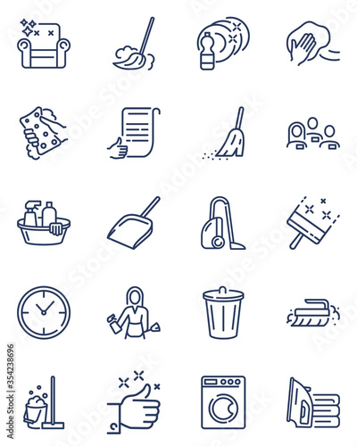 Cleaning service thin line icons set. Outline pictograms of mop, broom, bucket, squeegee and brush isolated vector illustration collection. Housework and laundry concept