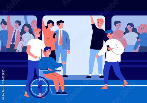 Handicapped guy and his helper travelling by subway train. Help, city transport, wheelchair flat vector illustration. Disabled people support concept for banner, website design or landing web page