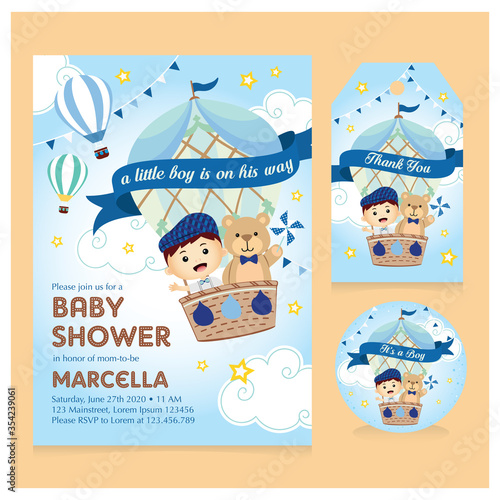 Hot air balloon with boy and bear Baby shower invitation set. Great for birthday invitation too