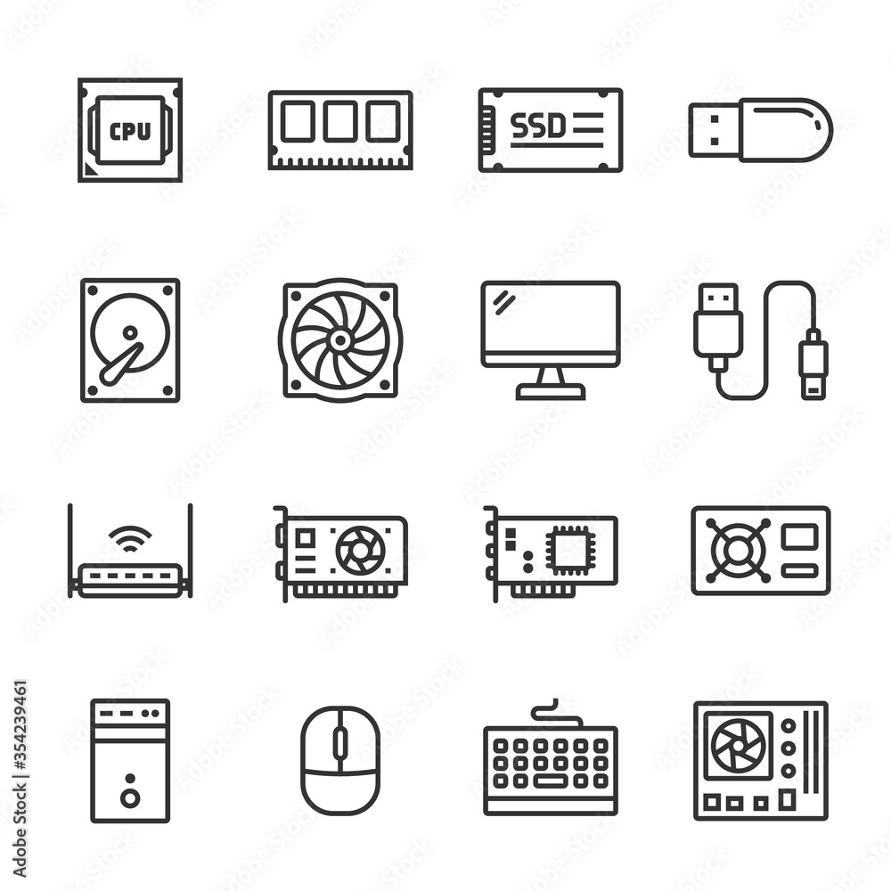 Computer and hardware components set vector line icons, cpu and gpu with elements for mobile concepts and web apps. illustration, isolated, 64x64 Pixel Perfect Editable Stroke Computer and hardware components set vector line icons, cpu and gpu with elements for mobile concepts and web apps. illustration, isolated, 64x64 Pixel Perfect Editable Stroke