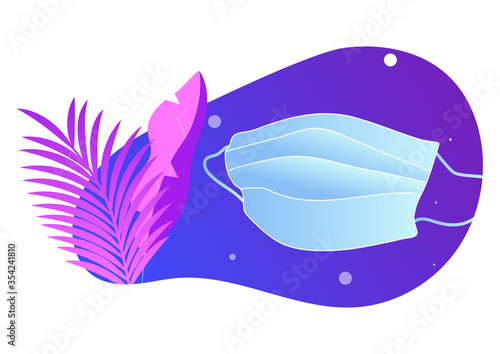 colorful vector illustration of blue disposable protective mask and pink tropical leaves on purple background isolated on white