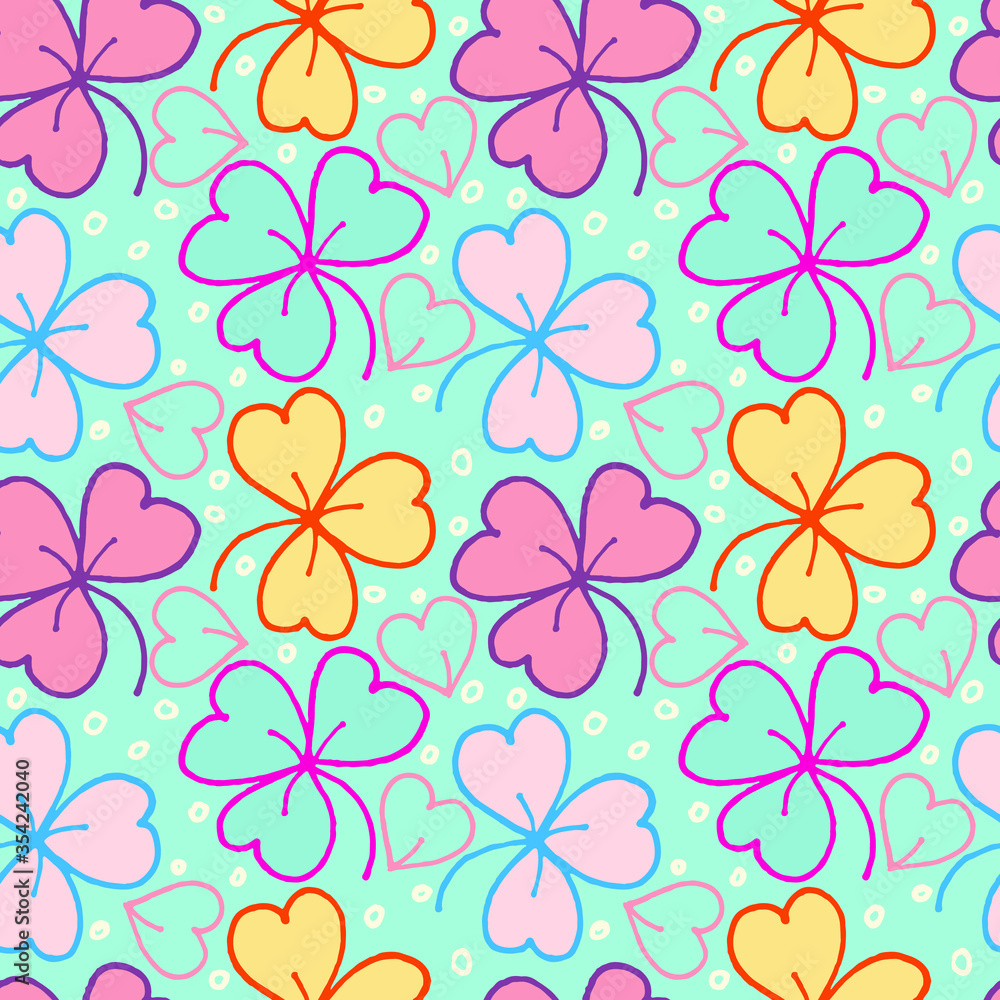seamless plant pattern, multi-colored clover leaves on a blue background