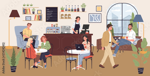 Coffee shop illustration. People drinking coffee at tables, using computers. Modern cafe interior image for barista job, coworking concept