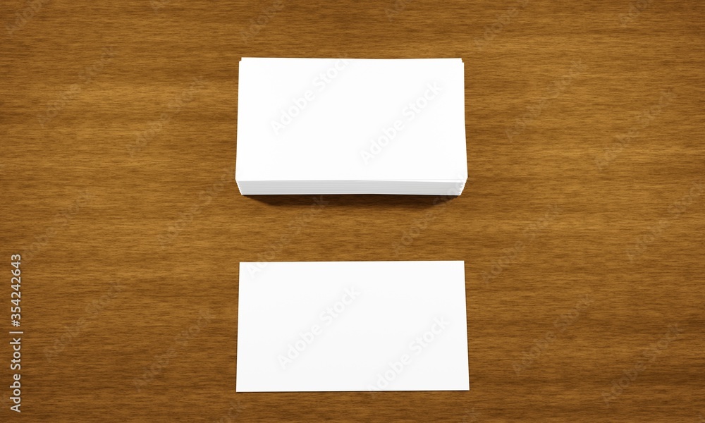 White, blank 3D rendering of mock up of stack of business cards with one extra sheet on brown wooden surface or table with copy space for text or images. Great for branding, promotions or advertising. White, blank 3D rendering of mock up of stack of business cards with one extra sheet on brown wooden surface or table with copy space for text or images. Great for branding, promotions or advertising.