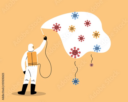 man wears protective suit, disinfection by coronavirus or covid 19