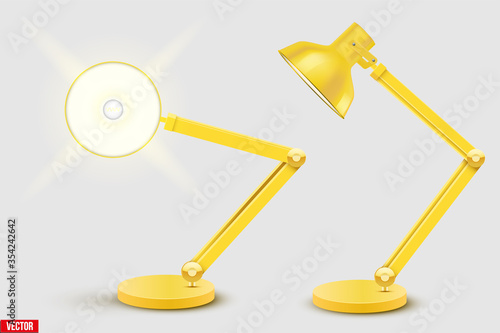 Task table desk lamp set. Sample Model Vintage Cone Shade in yellow color. For Coworking, Home Office Workspace and Study Room. Vector Illustration