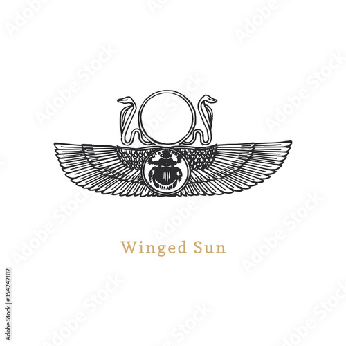 Winged Sun, vector illustration in engraving style. Vintage pastiche of esoteric and occult sign. Drawn sketch.