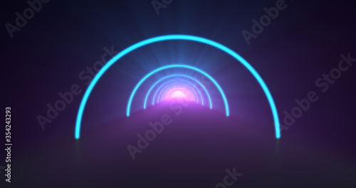 Digital abstract light as an arch With the brightest light At the end of the exit. glowing lines tunnel. 3d illustration.