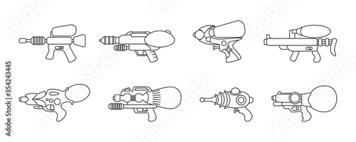 Water gun vector line set icon. Isolated line icon water pistol. Vector illustration watergun on white background .
