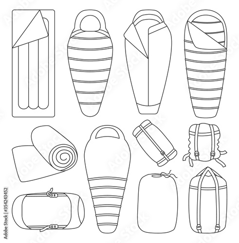 Sleeping bag isolated vector illustration on white background . Line set icon camping bed. Vector line set icon sleeping bag.