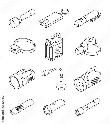 Flashlight vector illustration on white background . Line set icon spotlight. Vector line set icon flashlight.