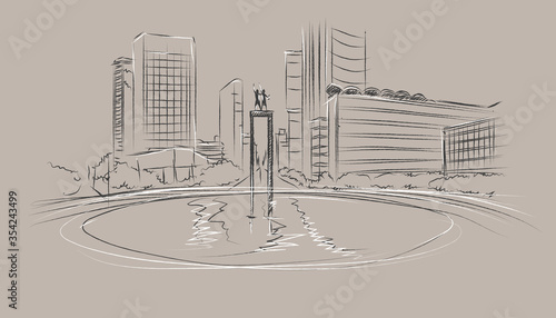 Hand drawn monument welcome jakarta sketch panoramic view metropolis skyline building with vector illustration