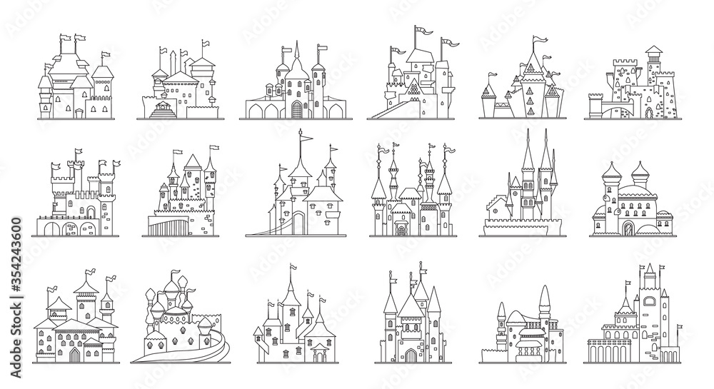 Medieval castle isolated line set icon. Vector illustration ancient palace on white background. Vector line set icon medieval castle.