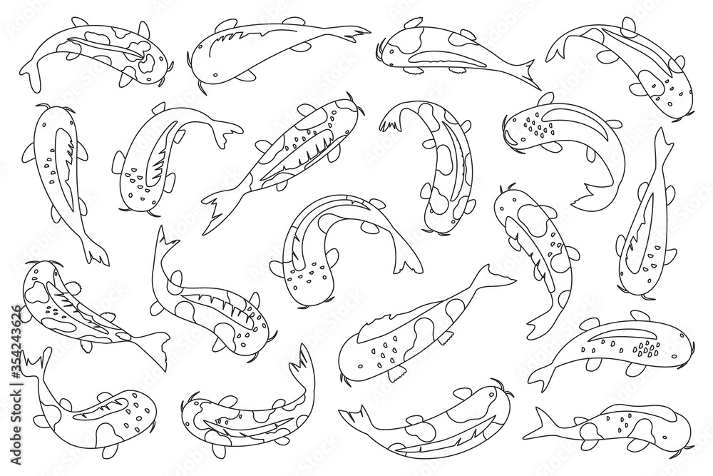 Fototapeta premium Asian carp vector line set icon. Vector illustration fish on white background. Line set icon japan carp.