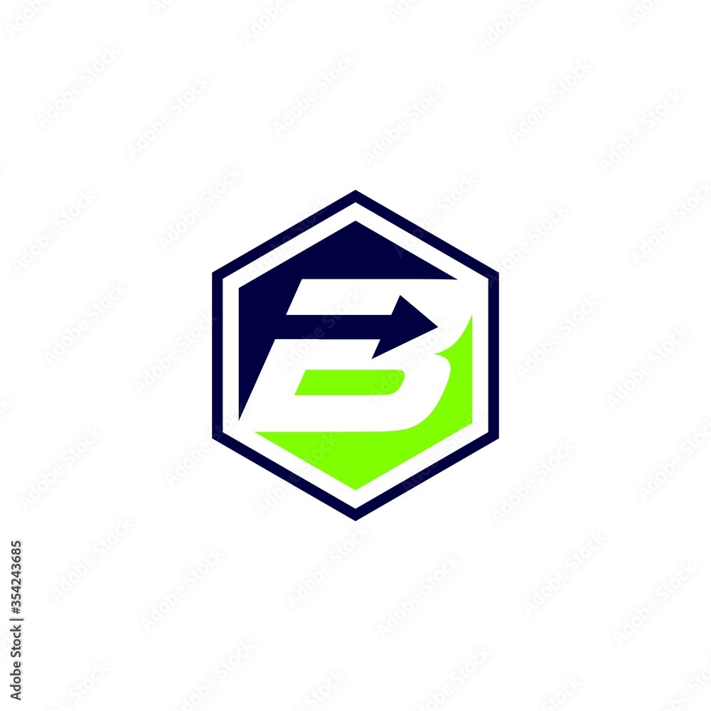 Letter B typography logo design with arrow and hexagon shape isolated on a white background Letter B typography logo design with arrow and hexagon shape isolated on a white background