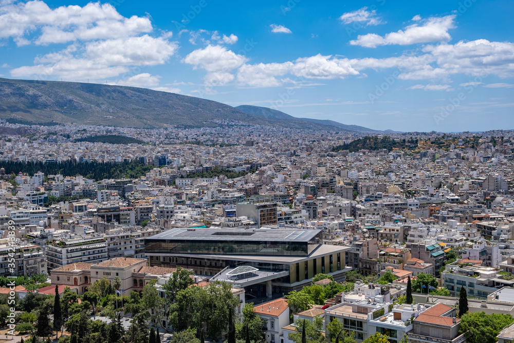Acropolis museum and Athens cityscape aerial birds eye view, Athens, Greece