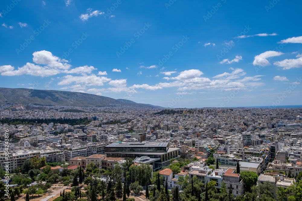 Athens, Greece cityscape and Acropolis museum aerial birds eye view,