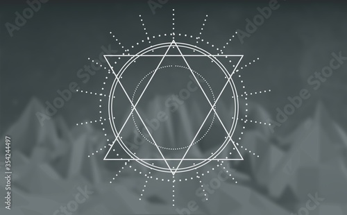 Mystical geometry symbol. Linear alchemy, occult, philosophical sign. For music album cover, poster, sacramental design. Astrology and religion concept. Low poly mountains landscape backdround.