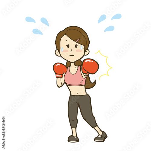 真剣にボクシングをする女性のイラスト