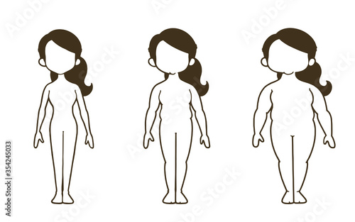 女性の体型の変化　線画　正面　3段階