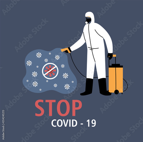 man in protective suit or clothing, disinfection by coronavirus or covid 19, preventive measures