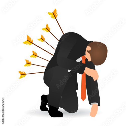 Business betrayal or backstab flat concept. Businessman hit by arrows and he sat on one knee.  Business failure. Concept business problem, stress, fail, deadline or overworked person.