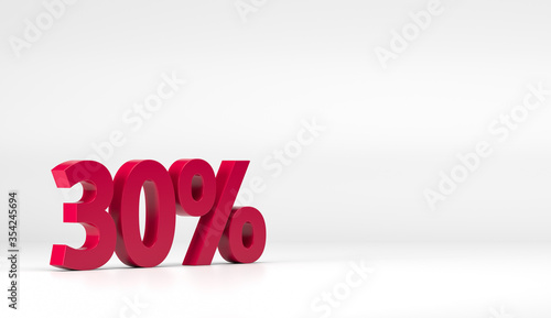30 percentage off discount icon 3D red on white isolated background 3d illustration. Shiny and plastic Percent or discount Symbol. For sale, shopping, promotion symbol. Half price offer