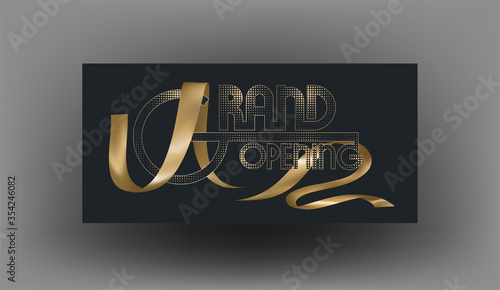 Grand opening invitation card with logo and realistic gold ribbon. Vector illustration