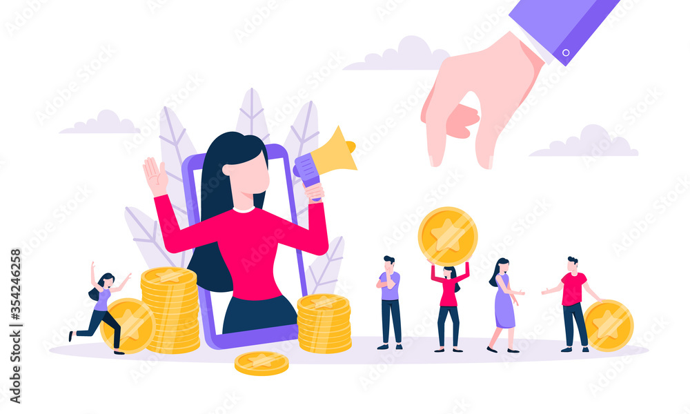 Loyalty program flat style design vector illustration concept. Woman with megaphone loud speaker standing up in the smartphone and shout out to the people. Refer a friend program.